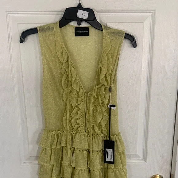 Atos Lombardini Lime Ruffle Tiered Mini Dress Metallic Italy 42 US 6-8 - Picture 3 of 5